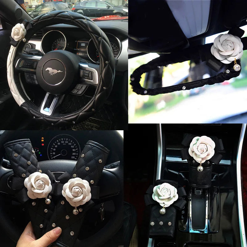 Luxury Camellia Flower Crystal Leather Car Accessories