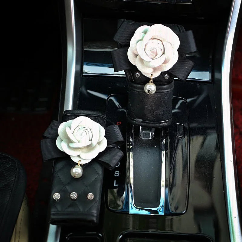 Luxury Camellia Flower Crystal Leather Car Accessories