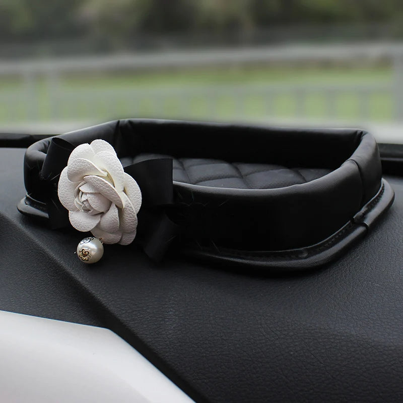 Luxury Camellia Flower Crystal Leather Car Accessories