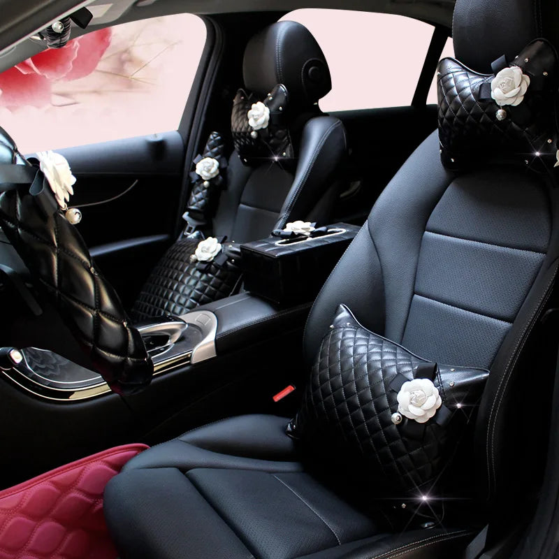 Luxury Camellia Flower Crystal Leather Car Accessories
