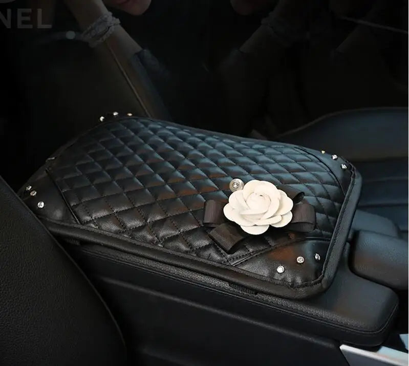 Luxury Camellia Flower Crystal Leather Car Accessories
