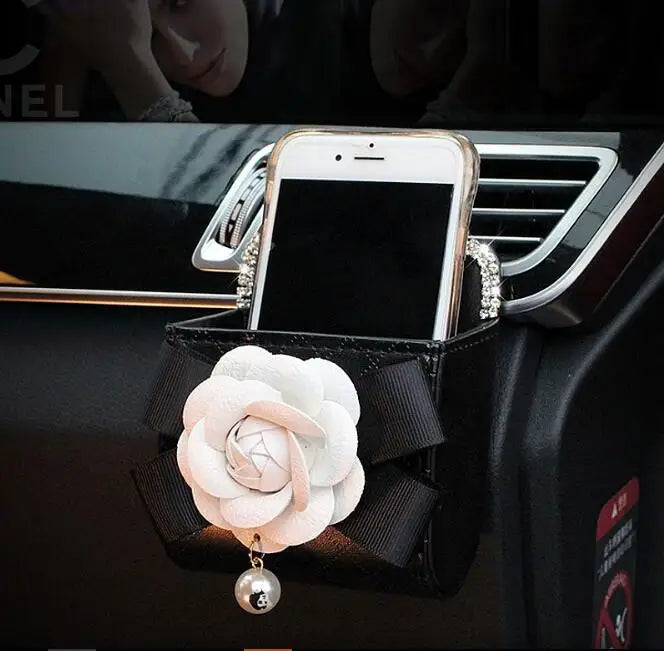 Luxury Camellia Flower Crystal Leather Car Accessories
