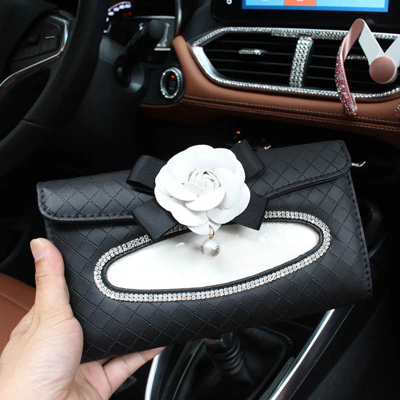 Luxury Camellia Flower Crystal Leather Car Accessories