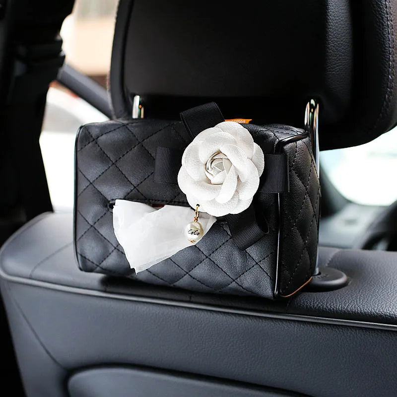 Luxury Camellia Flower Crystal Leather Car Accessories