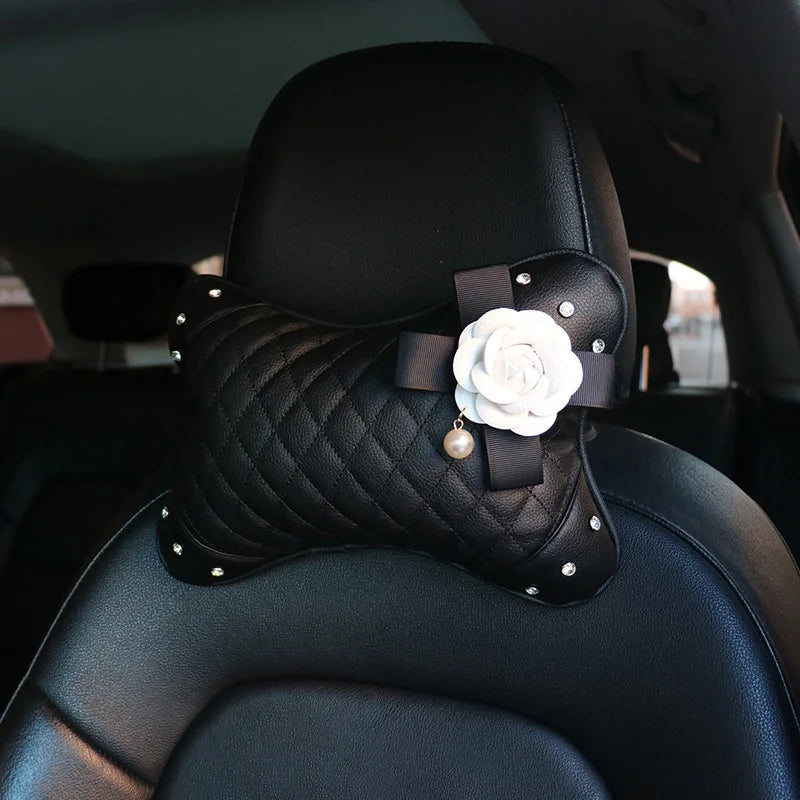 Luxury Camellia Flower Crystal Leather Car Accessories