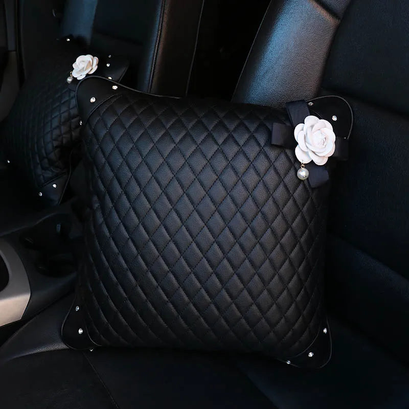 Luxury Camellia Flower Crystal Leather Car Accessories