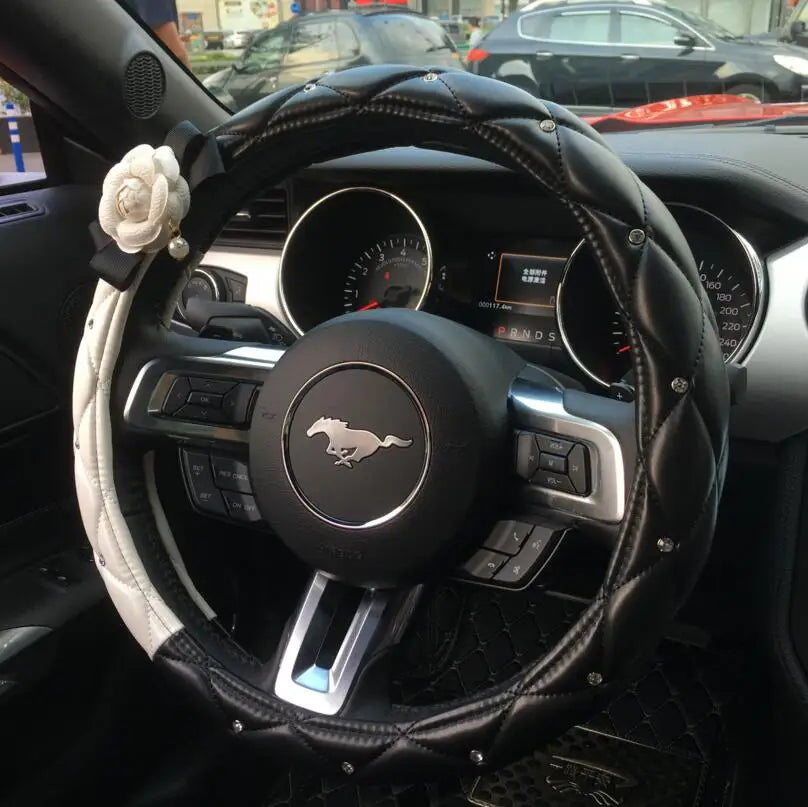 Luxury Camellia Flower Crystal Leather Car Accessories