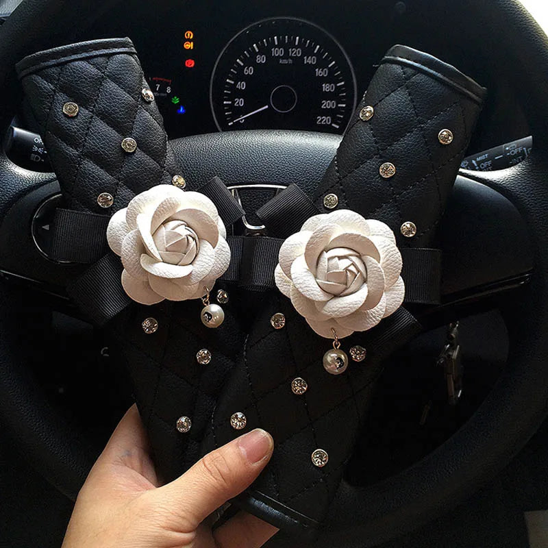 Luxury Camellia Flower Crystal Leather Car Accessories