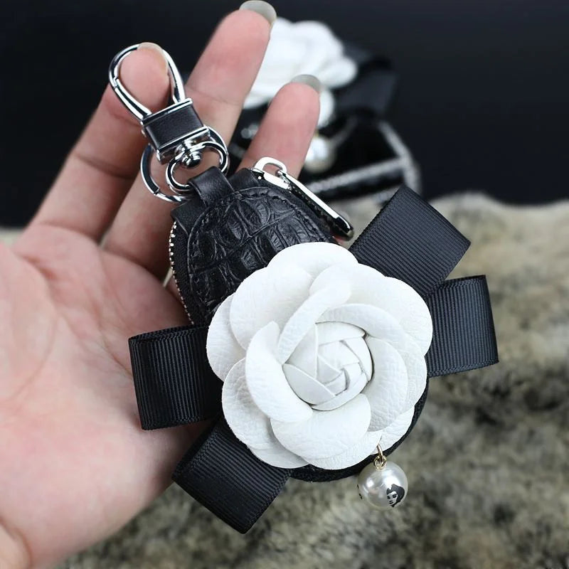 Luxury Camellia Flower Crystal Leather Car Accessories