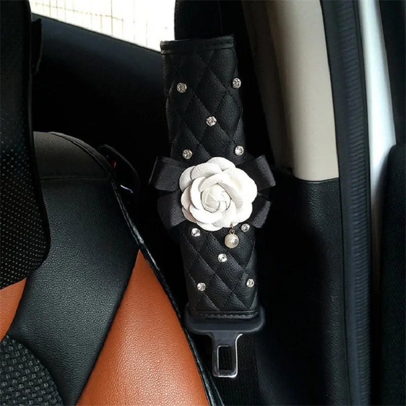 Luxury Camellia Flower Crystal Leather Car Accessories
